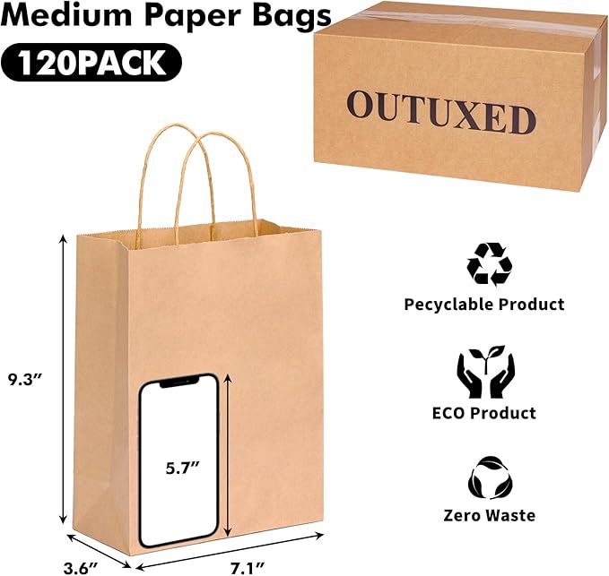 OUTUXED 120pcs Gift Bags, Brown Paper Bag with Handles 7.1x3.6x9.3in Medium Size, Kraft Paper Bags for Party, Businesses,Shopping