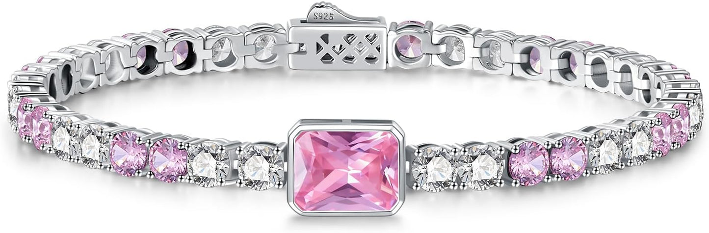 Birthstone Bracelets for Women Birthday Gifts 4CT Radiant Cut Birthstone 4mm Sterling Silver White Gold Tennis Bracelets for Women Round Cut 5A Cubic Zirconia Bezel Setting 7 Inch