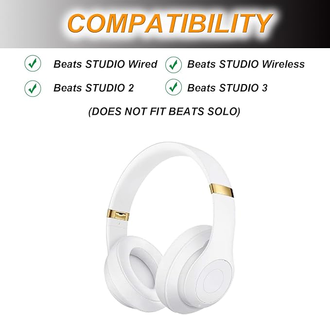 Replacement Ear Pads Cushions for Beats Studio（B0501、B0500），Beats Studio 2 & Studio 3 Wired & Wireless Headphones, Earpads with Soft Protein Leather, Noise Isolation Memory Foam - White