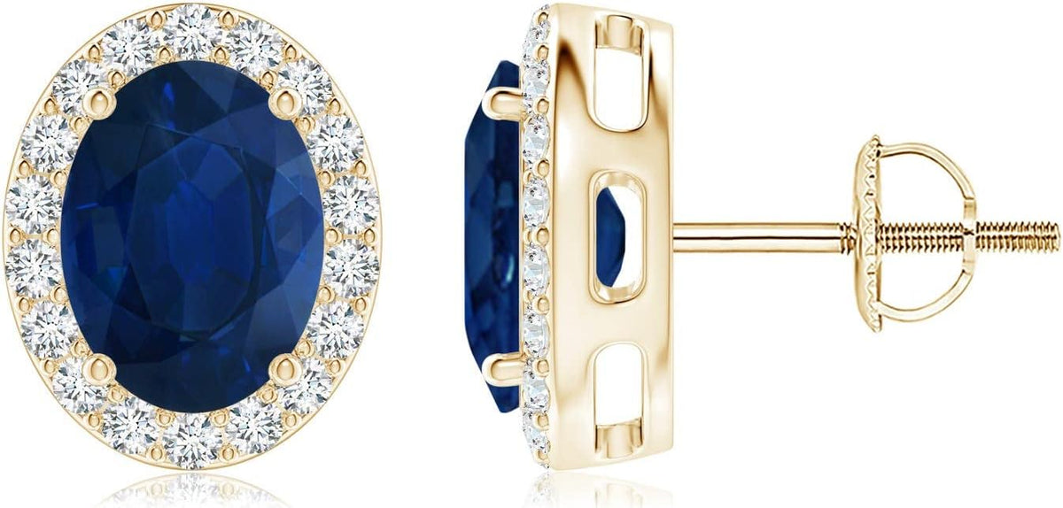ANGARA Natural Blue Sapphire Earrings for Women | Prong-Set Oval Blue Sapphire Stud Earrings with Diamond Halo in 14K Solid Gold/Platinum | September Birthday, Anniversary, Gemstone Jewellery Gift