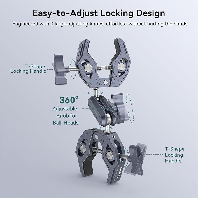 SMALLRIG Double Clamp Mount, Umbrella Clamp, Super Clamp Arm, for Chair, Pole, Tripod, C Stand, Handlebar, All Metal Max Load Capacity 3.5kg