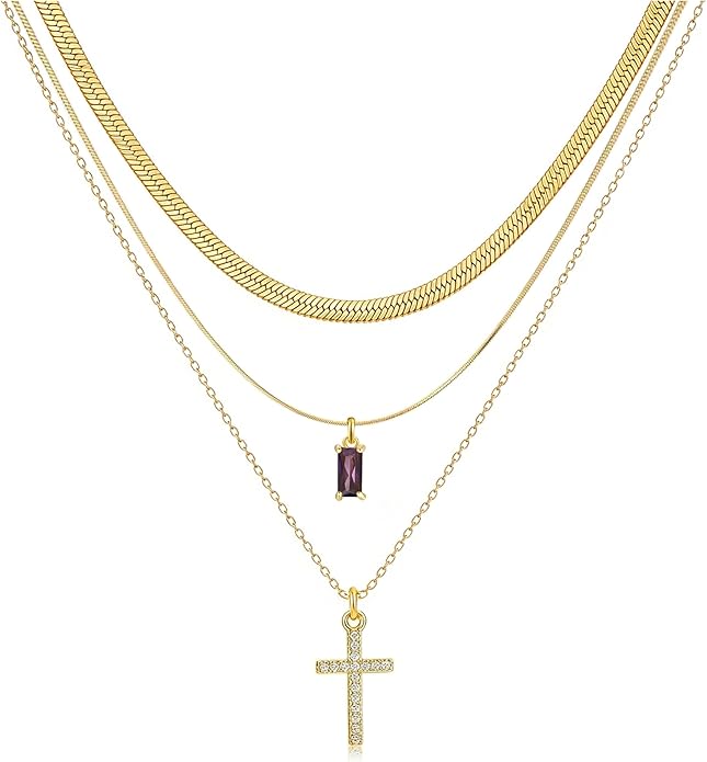 3Pcs Gold Layered Necklaces for Women, 14K Gold Plated Cross Necklace, Dainty Birthstone Necklace for Women, Herringbone Gold Necklaces Set, Stackable Women's Gold Pendant Necklaces Jewelry Set