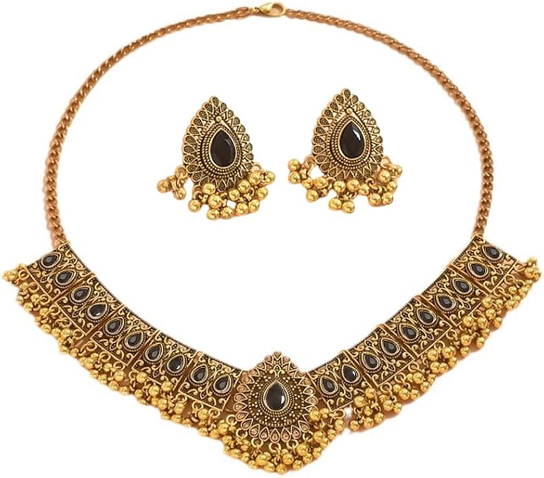 Indian Wedding Bridal Traditional Bohemian Jewellery Set for Women Girls Antique Oxidized Ethnic Party Prom Wear Statement Necklace Earring Tassel Bollywood Choker Punk Crystal Fashion Gift for Bride