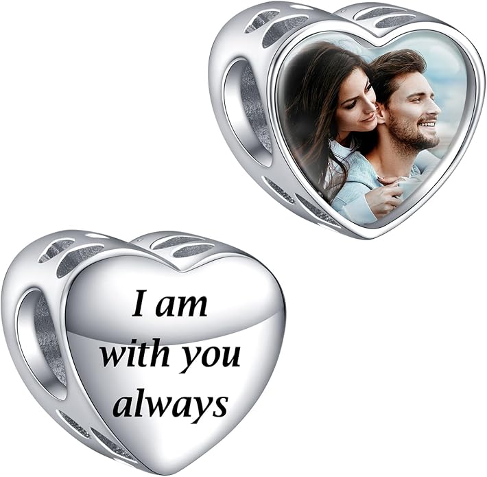 Annmors Personalized Photo Charms For Bracelets/Necklace 925 Sterling Silver Love Heart Shaped Engraved Customize Picture Gift for Birthday Mother's Day,Bead Charms Jewelry for Women