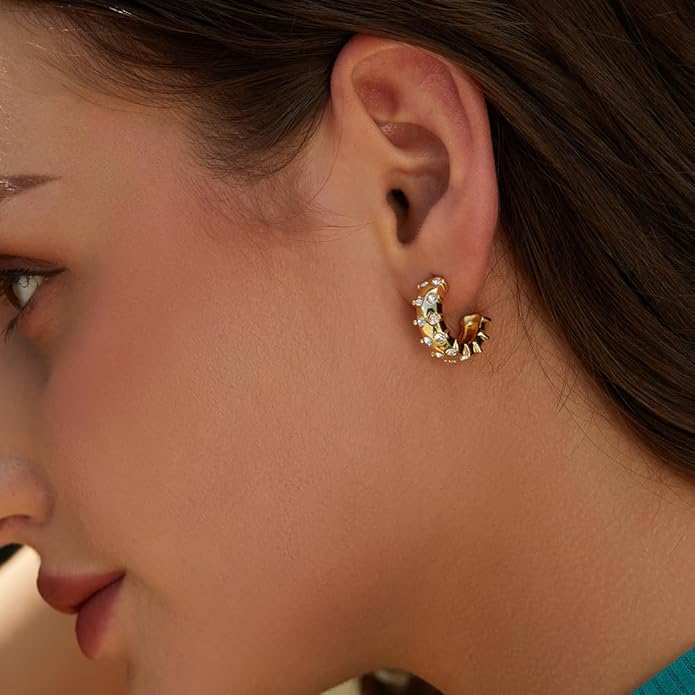 Gold Earrings for Women Girls,14K Gold Plated Hoop Earrings with 925 Sterling Silver Post Cubic Zirconia Stud Earring Huggie Hoops Earrings