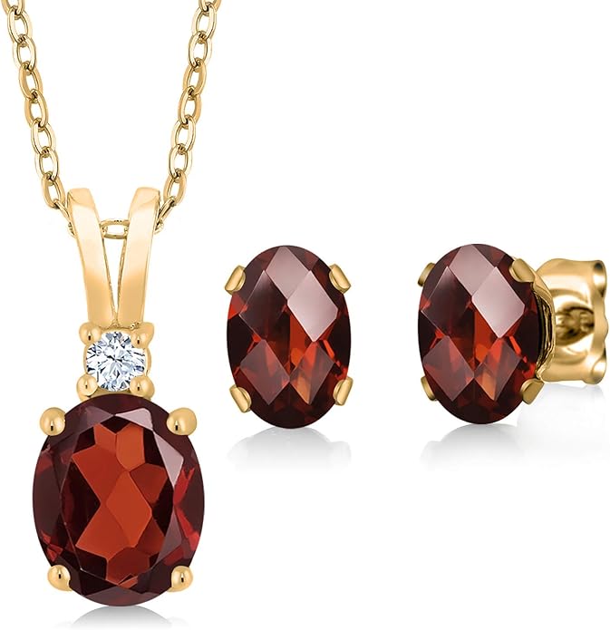 Gem Stone King 3.29 Cttw Oval Red Garnet 18K Yellow Gold Plated Silver Pendant Earrings Set For Women | Gemstone Birthstone | Oval 8X6MM and 7X5MM | With 18 Inch Chain