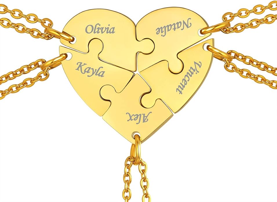FindChic Personalized Matching BFF Necklace for 2/3/4/5/6 Puzzle Name Heart Pendant Stainless Steel Couple Necklace Set Customized Necklaces for Teen Girls