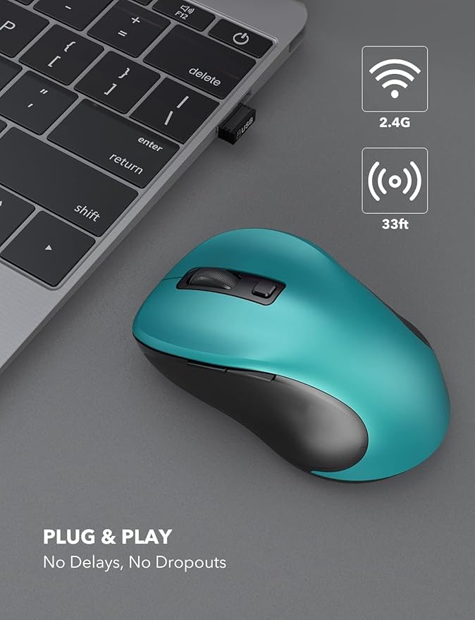 Trueque Wireless Mouse for Laptop, 2.4GHz Ergonomic Computer Mouse with Back & Forward Buttons,3 Adjustable DPI Levels, 6 Buttons, Optical USB Cordless Mice for Windows Chromebook MacBook PC (Teal)