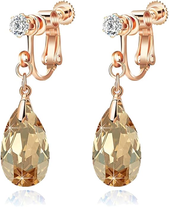 Teardrop Austrian Crystal Drop Clip On Dangle Earrings for Women Non Pierced 14K Rose Gold Plated Hypoallergenic Jewelry
