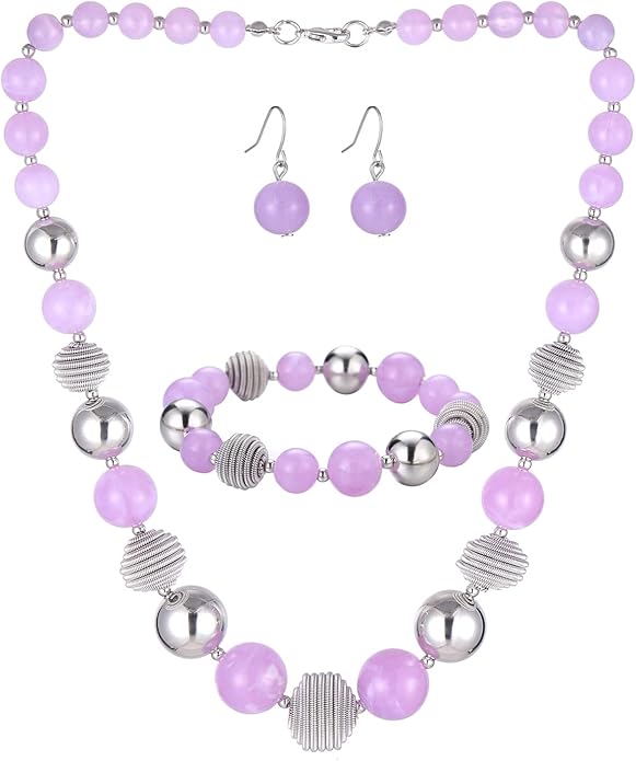 PEARL&CLUB Beaded Chunky Statement Necklace Earring and Bracelet Set Silver Metal Bead Fashion Jewelry Set Mothers’ Day Gifts for Women