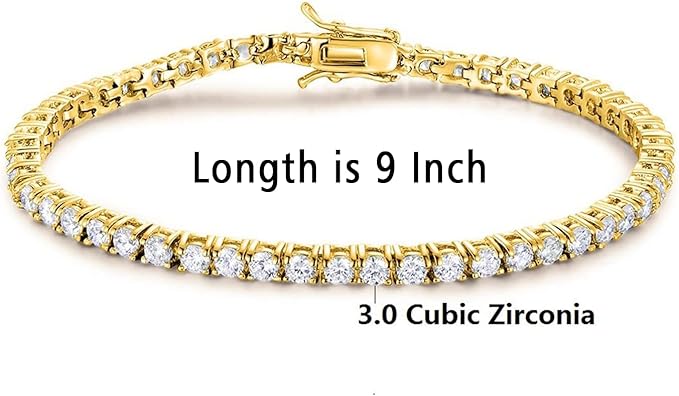 Gemsme 18K Gold Plated 3.0 Cubic Zirconia Classic Tennis Bracelet for Women and Men 9 Inch