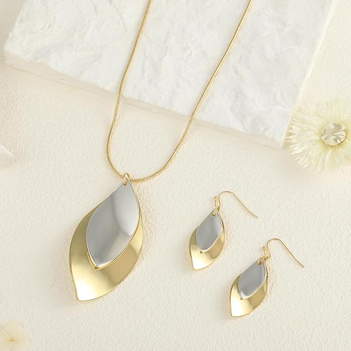 Madison Tyler Gold Plated Jewelry Set for Women | Silver Teardrop Pendant Necklace Trendy | Long Necklace with Snake Chain | Fashion Dangle Earring Set
