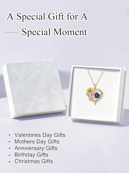 Sunflower Heart Necklace for Women 14K Gold Exquisite Valentines Day Anniversary Birthday Gifts for Wife Mother Her Double Birthstone Pendant Jewelry‘You Are My Sunshine’