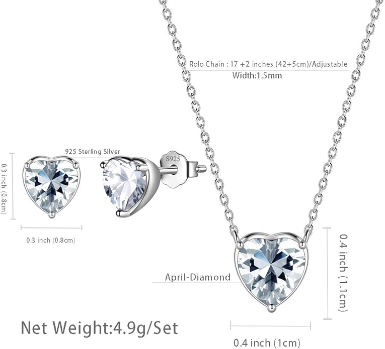 Aurora Tears Hearts Necklace Earrings Jewelry Sets - Women 925 Sterling Silver Birthstone Pendants Earrings Set Crystal Wedding Birthday Jewelry