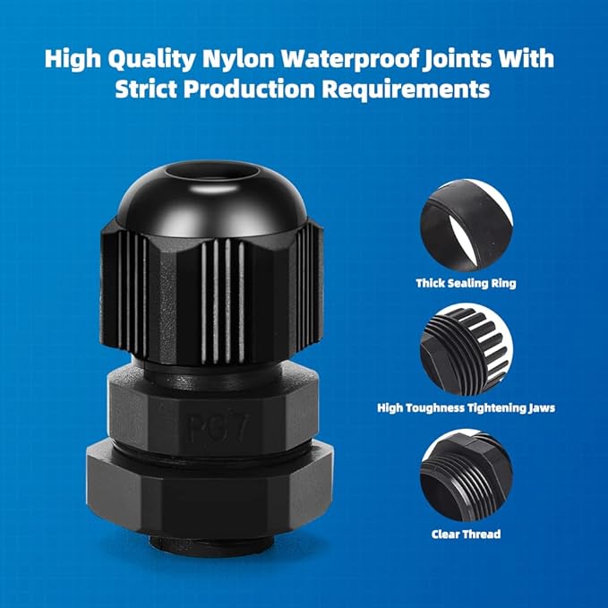 Cable Gland 20 Pack Plastic Waterproof Adjustable Connector 3-7mm PG7 Strain Relief Cord Connectors Joints Nylon with Gaskets