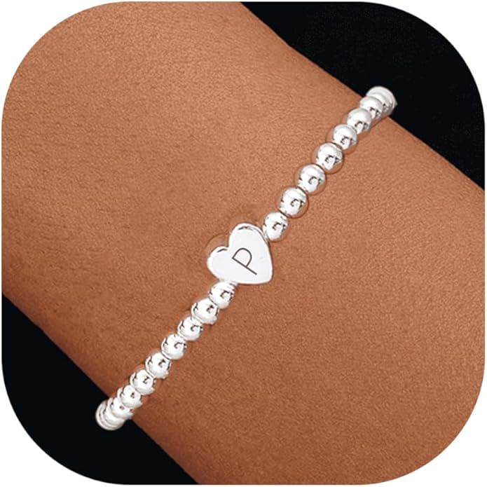 Valentines Day Gifts for Women Her - Dainty Beaded Heart Initial Bracelets Letter A-Z Charm Stretch Bead Ball Bracelet Trendy Jewelry Gifts