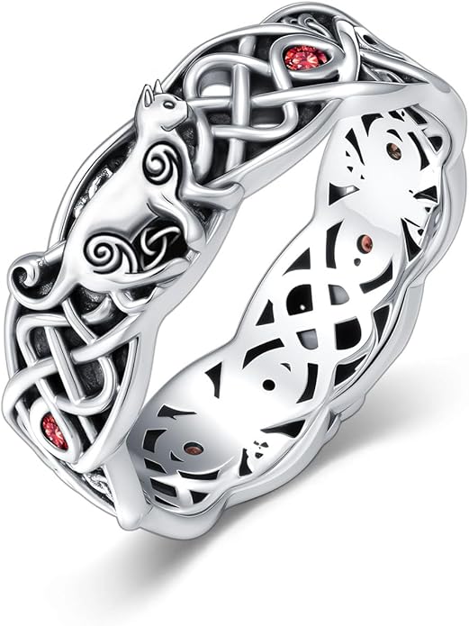 Seiyang Celtic Cat Ring 925 Sterling Silver Irish Trinity Knot Celtic Cat Wedding Promise Ring with 12 Months Birthstone Irish Lucky Jewelry Gifts for Women Mom Her
