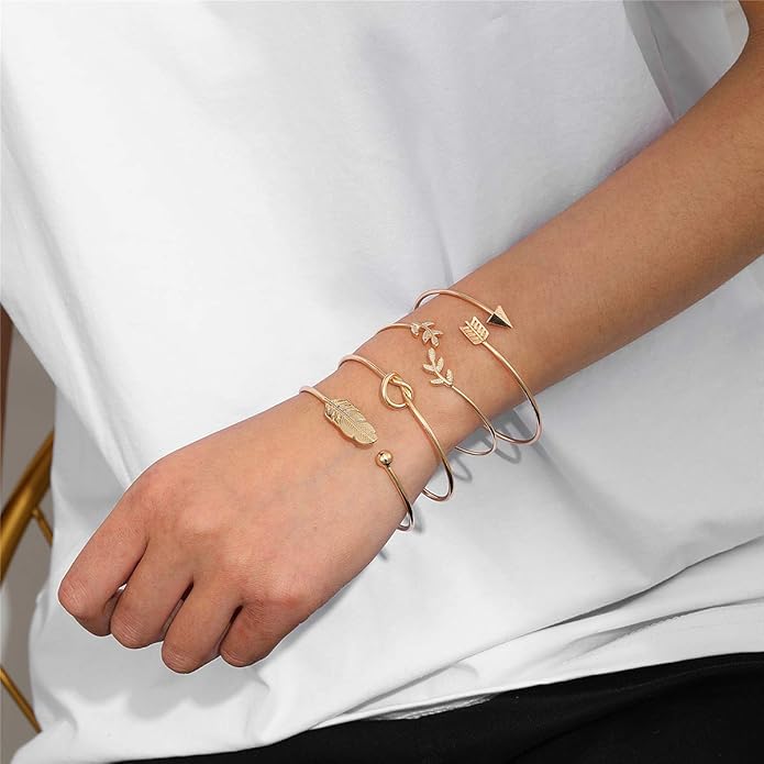 Starain 4Pcs Rose Gold Bracelets for Women Simple Leaf Arrow Feather Knot Heart Bangle Bracelet Adjustable Cuff Bracelet Set