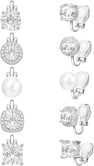 Clip On Earrings for Women Non-Pierced - 5-Pair Set Sparkling CZ Diamond Silver Tone Earrings | Comfortable Fit for Wedding, Prom, Party, Dance Competition | No Piercing Ear Accessories Set