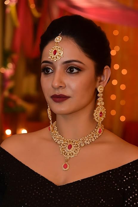 Touchstone Indian jewelry sets for women gold wedding tikka necklace set guest costume fancy bridal jewellery rhinestone crystal elegant formal prom evening wear dainty accessories