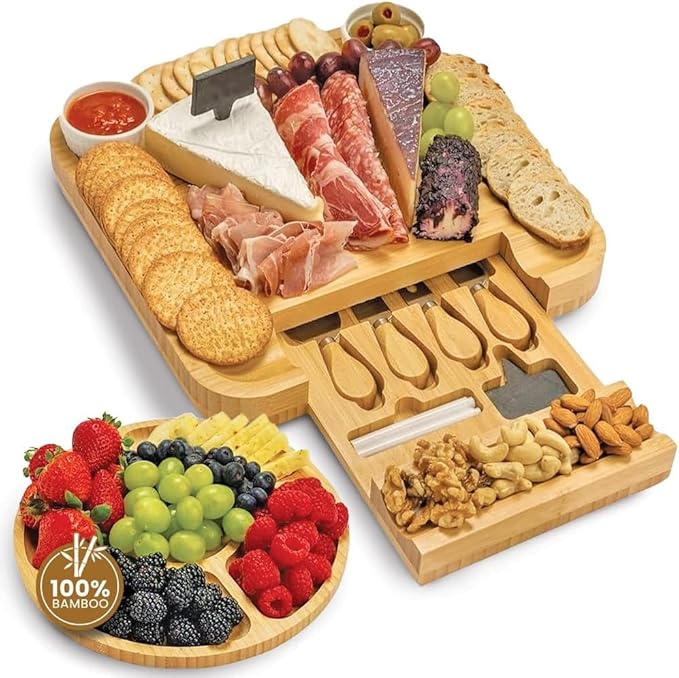 Leaf & Grain Charcuterie Board Set with Accessories Drawer - Real Bamboo Cheese Board & Stainless Steel Knife Set, Large Meat & Cheese Platter for Parties & Gifts - Natural