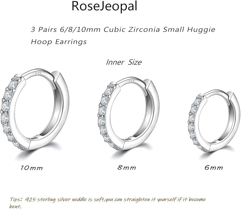 925 Sterling Silver Small Hoop Earrings Cubic Zirconia Huggie Hoop Earrings, 3 Pairs 14K White Gold Plated Cartilage Piercing Earrings Ear Cuff Tiny Hoop Earrings for Women Men