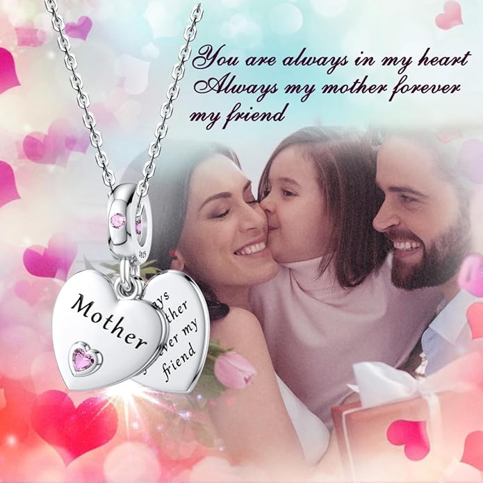 JIAYIQI Mother Sister Daughter Wife Charms Fit Charms Bracelet Necklace with Double Heart Love Charms 925 Sterling Silver Beads for Women Jewelry