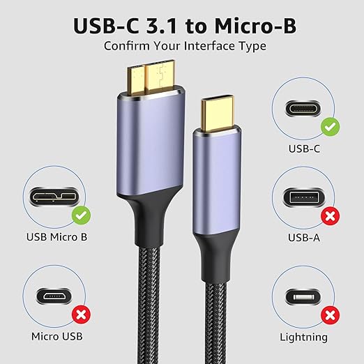 USB 3.1 Micro B to USB C Hard Drive Cables, 3.3FT 10 Gbps USB C to Micro B, External Hard Drive Cable Compatible with MacBook Pro/Air, iPad/Tablet, iPhone, Samsung Galaxy S24, WD Seagate etc