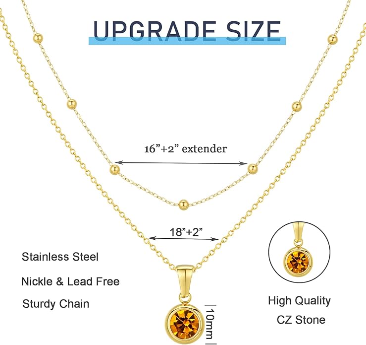 14K Gold-Plated Women's Double-Layer Birthstone Necklace Delicate Round Birthstone Pendant with a Simple Necklace, a Birthday Gift for Women Teenage Girls