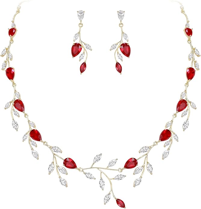 EVER FAITH Wedding Jewelry for Bride Women Bridesmaid, Sparkly Cubic Zirconia Pear-Shaped Birthstone Leaf Necklace Earrings Set for Prom