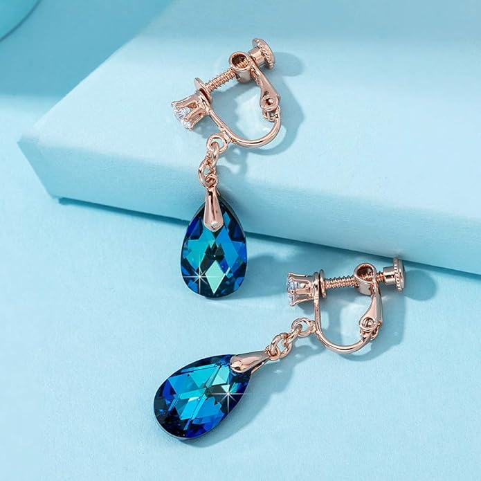 Teardrop Austrian Crystal Drop Clip On Dangle Earrings for Women Non Pierced 14K Rose Gold Plated Hypoallergenic Jewelry