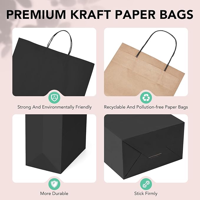 METRONIC 100 Pack 16X6X12 Large Black Paper Gift Bags, Kraft Shopping Bag with Handles for Small Business, Boutique, Gift Wrap, Bulk