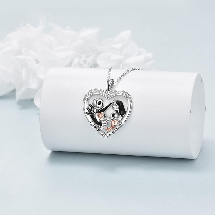 LILALO Nightmare Necklace Sterling Silver Abalone Shell Crystal Jack and Sally Necklace Jack Skellington Skull Jewelry Skull Necklaces for Women