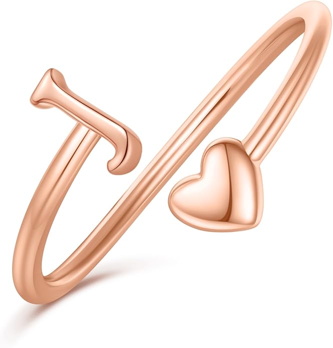 Initial Rings for Women Girls - Valentines Day Gifts for Her, Adjustable Rings for Women Non Tarnish Letter A-Z Dainty Heart Ring Teen Girls Gifts Trendy Stuff Personalized Jewelry Gift