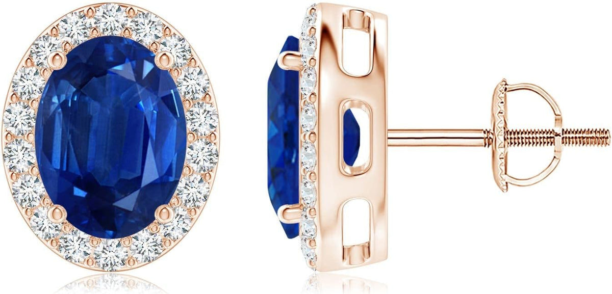 ANGARA Natural Blue Sapphire Earrings for Women | Prong-Set Oval Blue Sapphire Stud Earrings with Diamond Halo in 14K Solid Gold/Platinum | September Birthday, Anniversary, Gemstone Jewellery Gift