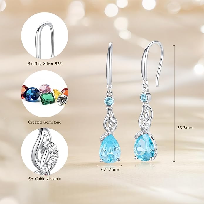 FANCIME Teardrop Dangle Drop Earrings 925 Sterling Silver Pear Gemstone Birthstone Earring Fine Jewelry Birthday Gifts for Women