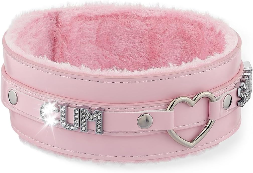 Pink Furry Heart O-ring Leather Choker Collar For Women, Handmade Punk Gothic Letter Necklace Adjustable Fashion Jewelry