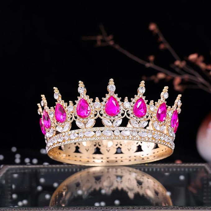 Hot Pink Queen Crown for Women Crystal Tiara for Girl Rhinestone Wedding Headband for Bride Hair Accessories for Costume Birthday Party Prom Gifts