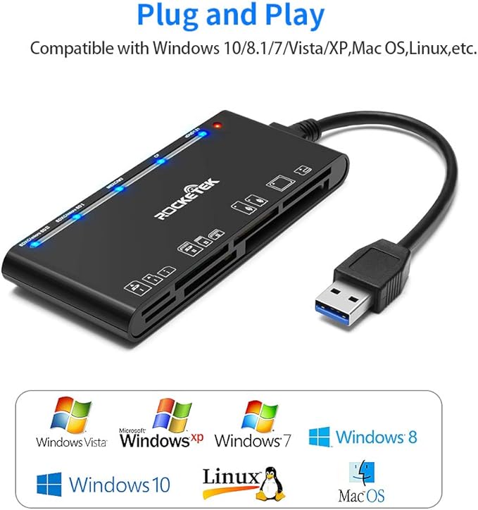 USB3.0 Multi-Card Reader, SD/TF/CF/Micro SD/XD/MS 7 in 1 Fast 5Gbps Memory Card Reader/Writer/Hub for SD SDXC SDHC CF CFI TF Micro SD Micro SDXC Micro SDHC MS MMC UHS-I Cards,for Windows/Linux/Mac OS
