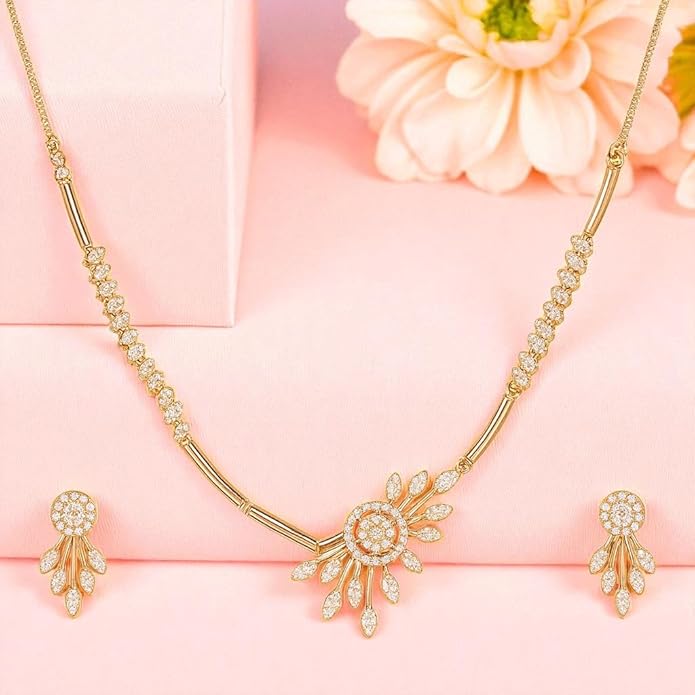 Nilu's Collection American Diamond Stone Studded | Rose Gold/Silver Plated | Anti Tarnish Jewellery Set for Women | Matching Earrings Perfect for Weddings and Special Occasions