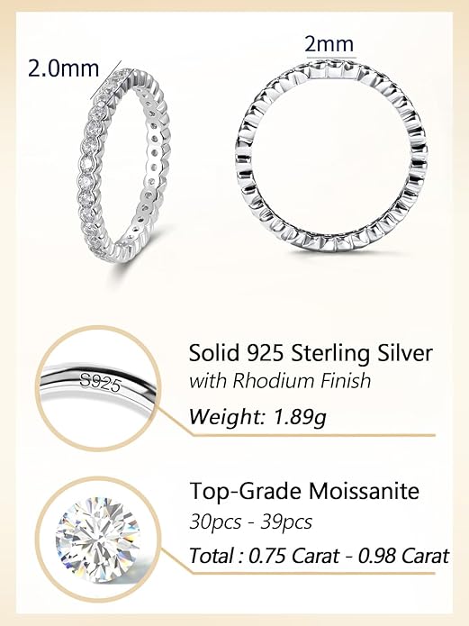 D Color VVS1 Clarity Moissanite Hand Setting Eternity Rings for Women, Solid 925 Sterling Silver Rhodium Finish, Stackable Ring, Wedding Birthday Valentines Anniversary Mothers Day Ideal Gift for Her