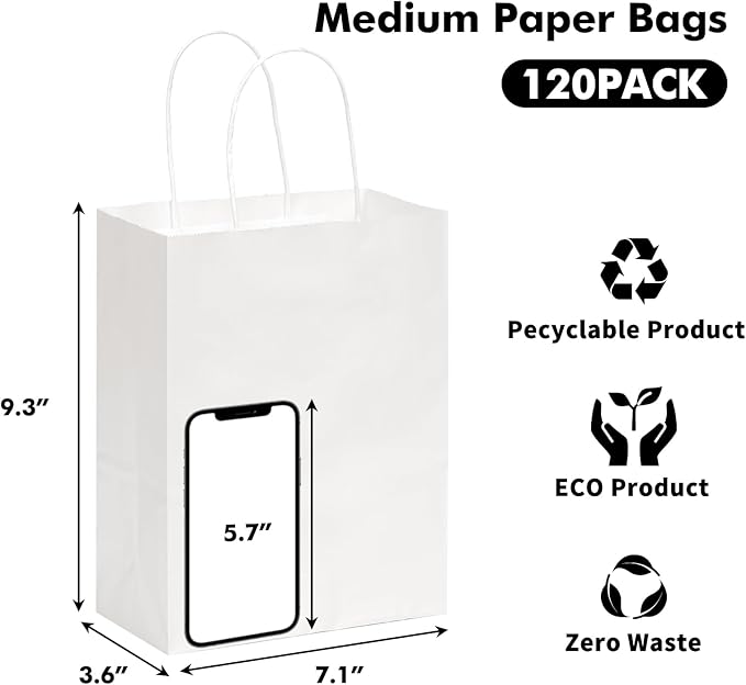 OUTUXED 120pcs Gift Bags - White Kraft Paper Bags with Handles, Medium Size 7.1x3.6x9.3in - Perfect for Parties and Businesses