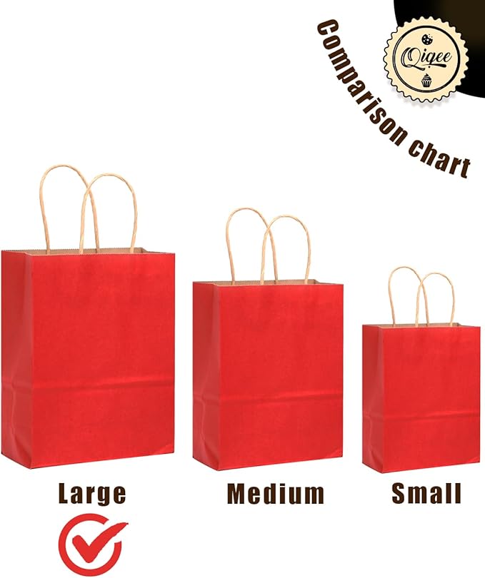 qiqee Large Kraft Paper Bags with Handles 13"x10"x5" 32 pcs Gift Paper Bag Wine Red Solid Color Bags（Large Size）
