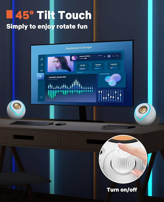 LENRUE Computer Speakers, PC Speakers with Colorful Lights Button, Volume Knob, 45 ° Tilt, Loud Sound, AUX and USB Powered for PC Desktop Monitor Laptop