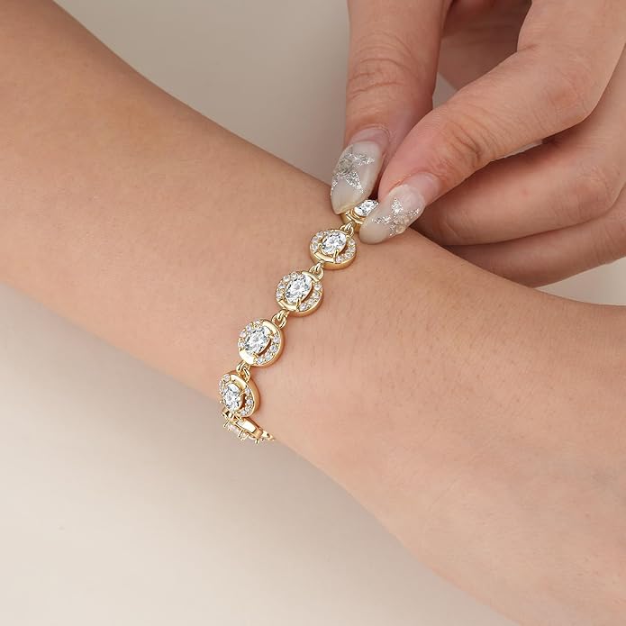 Tennis Bracelet for Women 14K Gold Plated Cubic Zirconia Bracelet,Classic Crystal Tennis Bracelet, Rhinestone Delicate Bracelet Gift for Her
