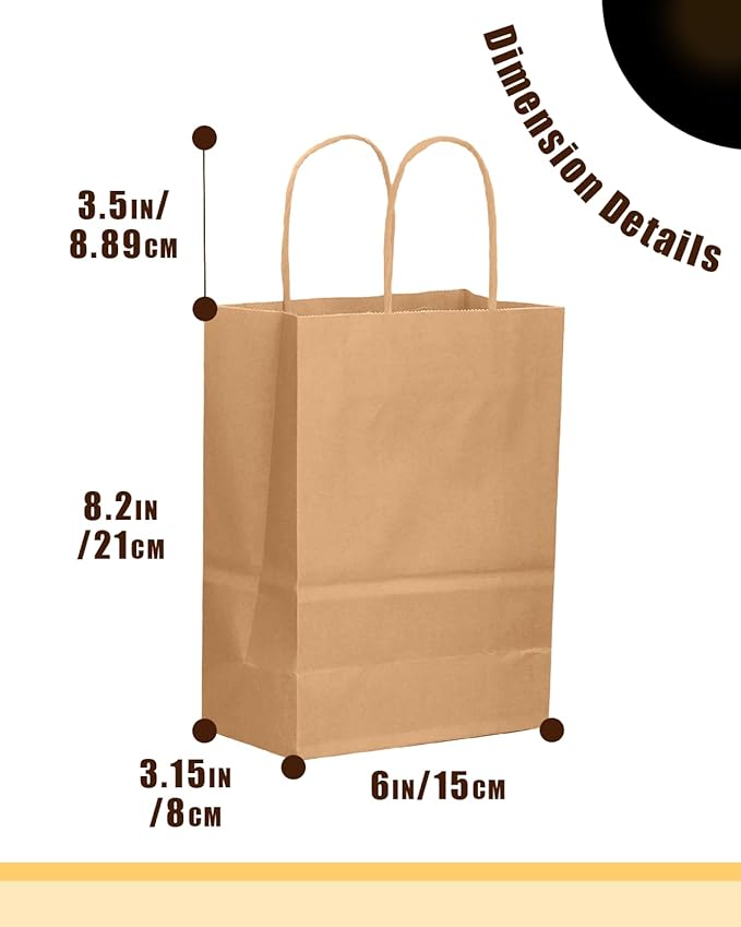 qiqee 200-Packs Brown Paper Gift Bags with Handles Bulk 8.3"x6"x3.15" Small Size Paper Bags Multiple Uses