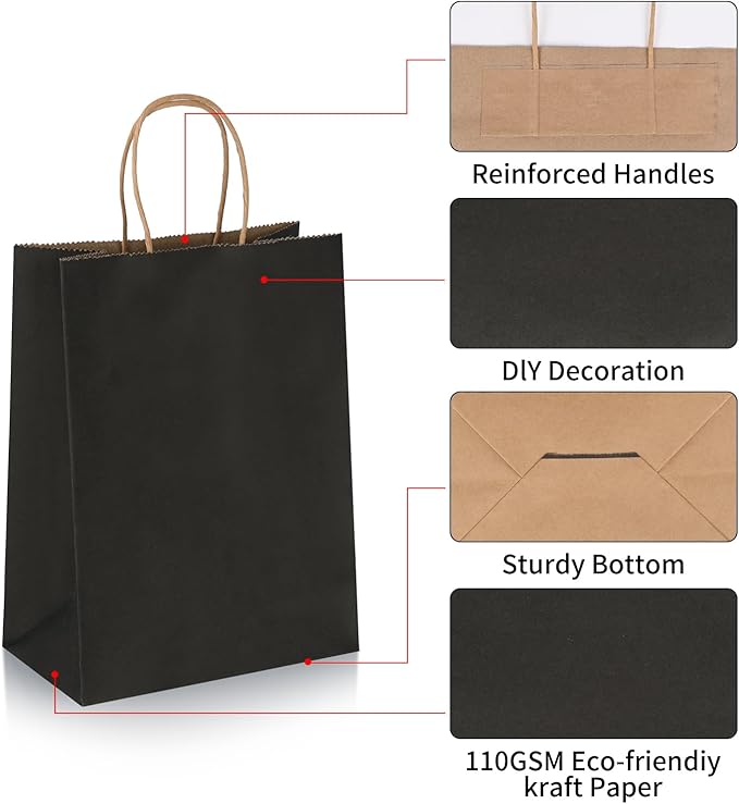 Joybe 50 Pack 6x3.25x8 Inch Small Black Paper Bags with Handles Bulk, Kraft Paper Gift Bags for Birthday Party Favors Grocery Retail Shopping Business Goody Merchandise Craft Blank Sacks (50pcs)