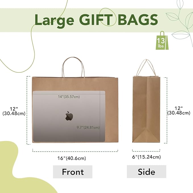 MESHA Large Paper Bags 16x6x12 Inch,Brown Kraft Gift Bags 50 Pack Bulk, Crafts Shopping Bag For Retail Wedding Party Favor Small Business Grocery