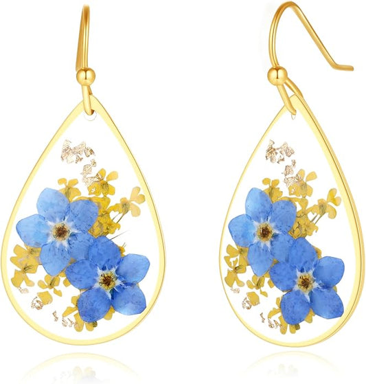 Forget-Me-Not and Queen Anne's Lace Pressed Wildflower Earrings | Pressed Flower Earrings | Handmade Drop and Dangle Earrings | Gift for Woman