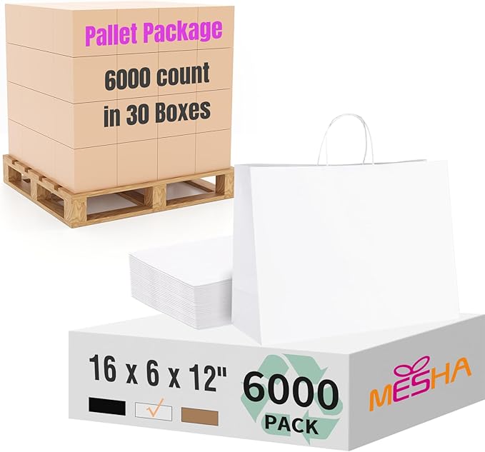 MESHA Gift Paper Bags 6000 PACK 16x6x12 White Large Shopping Kraft Bags Bulk with Handles Reusable for Business,Grocery,Birthday,Wedding,Kids Party,Favors